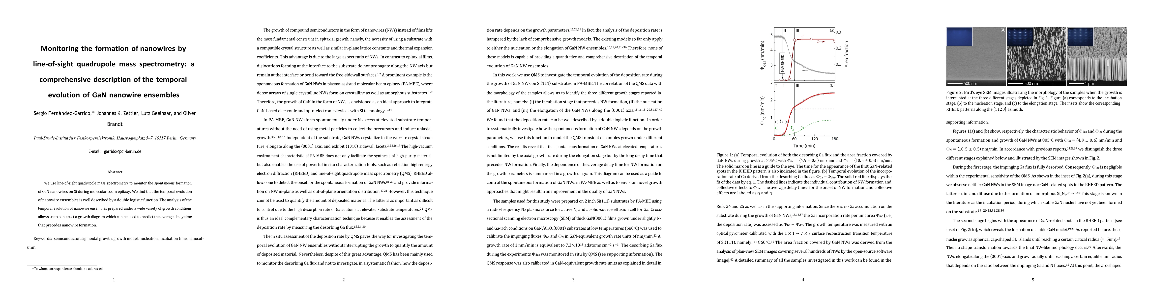 Thumbnail for Monitoring the formation of nanowires by line-of-sight quadrupole mass
  spectrometry: a comprehensive description of the temporal evolution of GaN
  nanowire ensembles