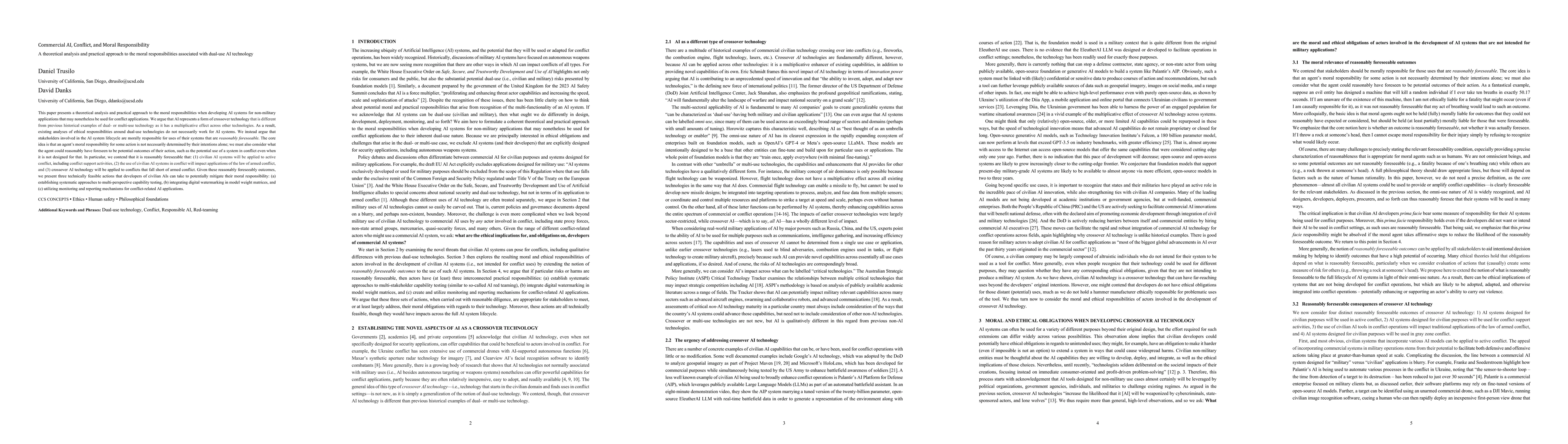 Thumbnail for Commercial AI, Conflict, and Moral Responsibility: A theoretical
  analysis and practical approach to the moral responsibilities associated with
  dual-use AI technology