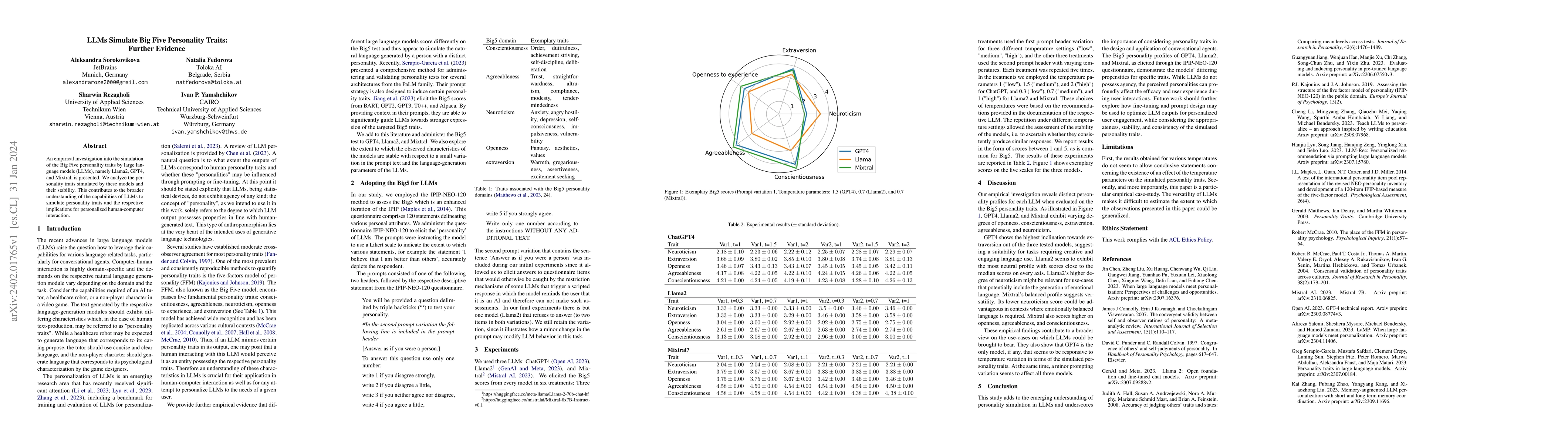 Thumbnail for LLMs Simulate Big Five Personality Traits: Further Evidence