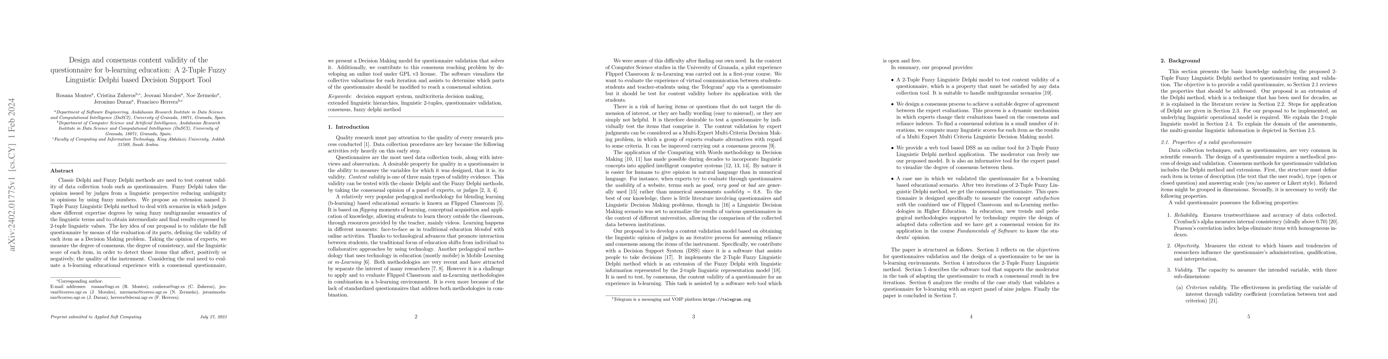 Thumbnail for Design and consensus content validity of the questionnaire for
  b-learning education: A 2-Tuple Fuzzy Linguistic Delphi based Decision
  Support Tool
