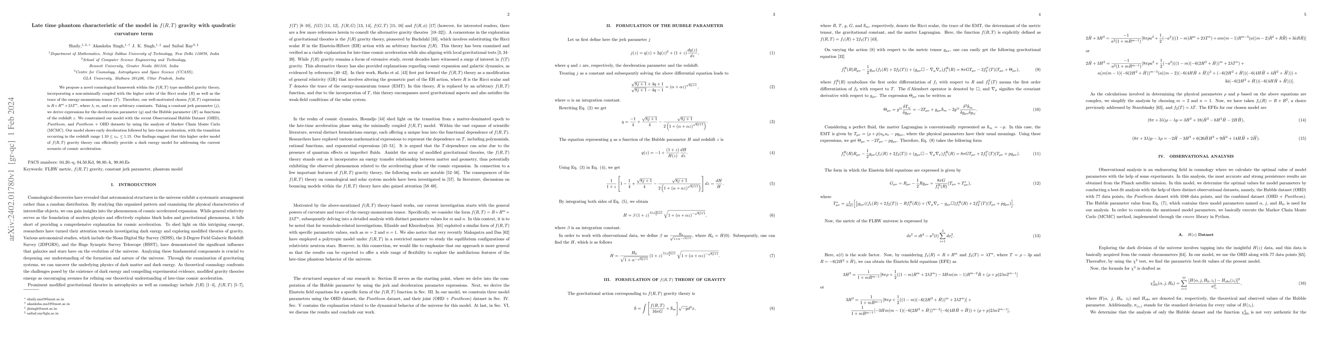 Thumbnail for Late time phantom characteristic of the model in $f(R,T)$ gravity with
  quadratic curvature term