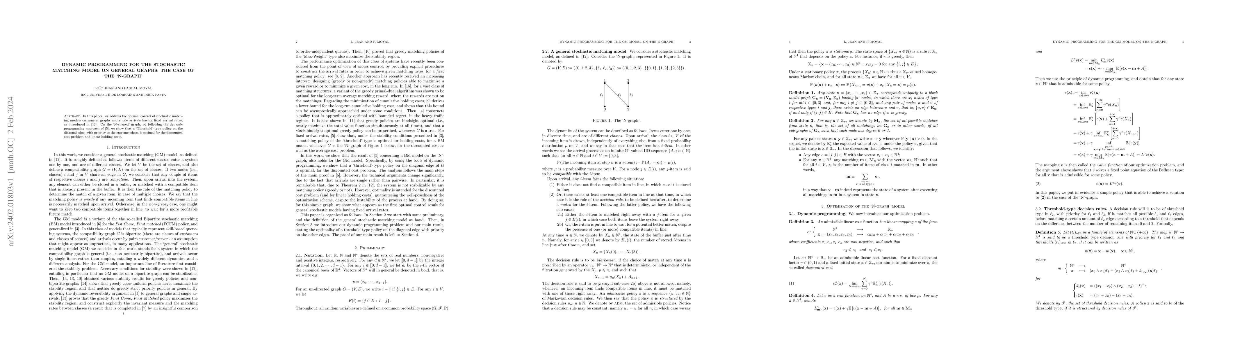 Thumbnail for Dynamic programming for the stochastic matching model on general graphs:
  the case of the `N-graph'