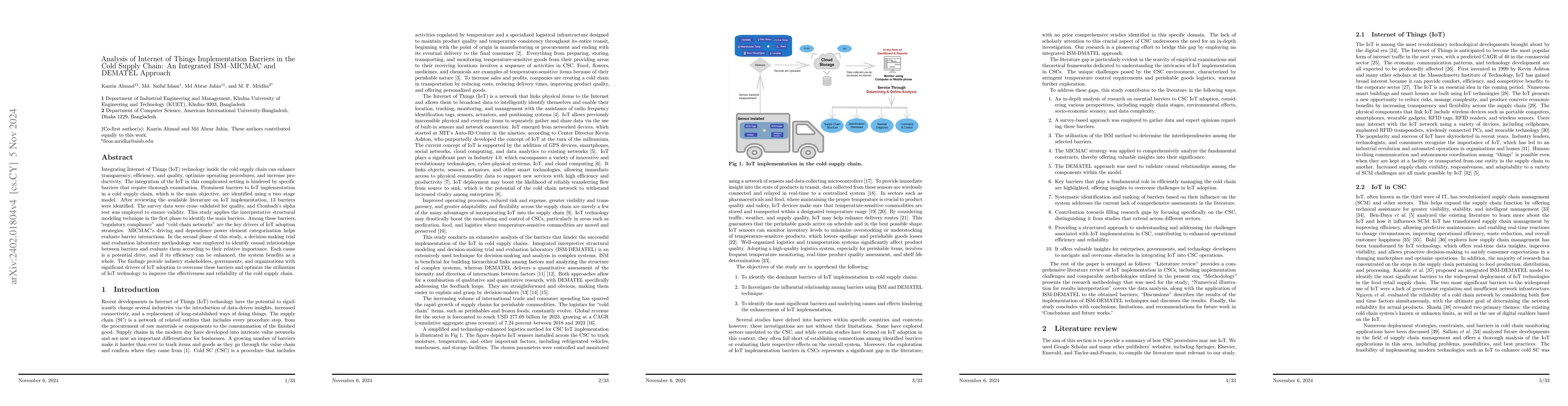 Thumbnail for Analysis of Internet of Things Implementation Barriers in the Cold
  Supply Chain: An Integrated ISM-MICMAC and DEMATEL Approach