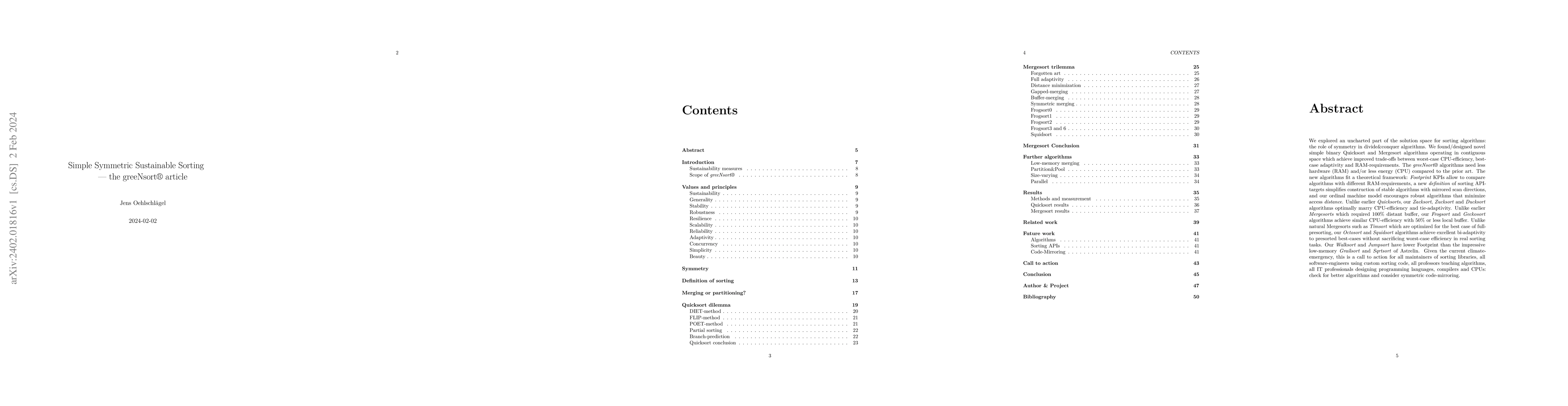 Thumbnail for Simple Symmetric Sustainable Sorting -- the greeNsort article