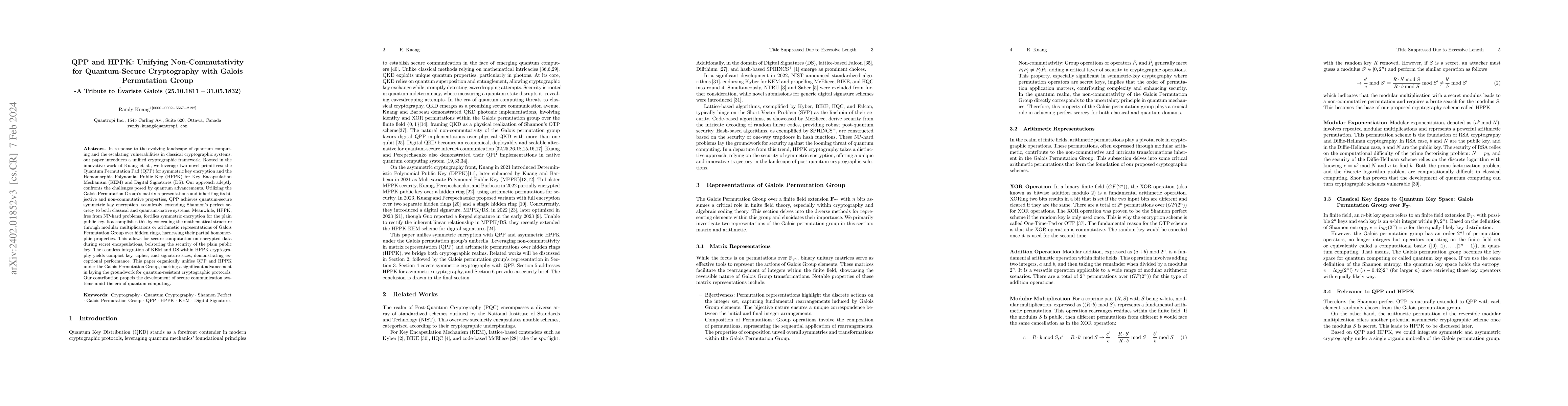 Thumbnail for QPP and HPPK: Unifying Non-Commutativity for Quantum-Secure Cryptography
  with Galois Permutation Group