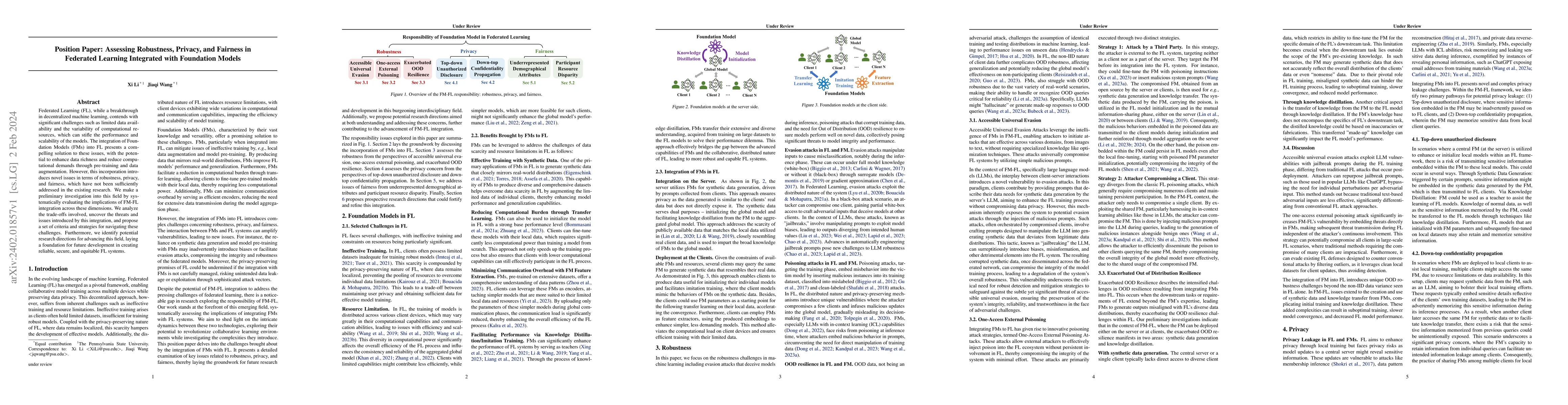 Thumbnail for Position Paper: Assessing Robustness, Privacy, and Fairness in Federated
  Learning Integrated with Foundation Models