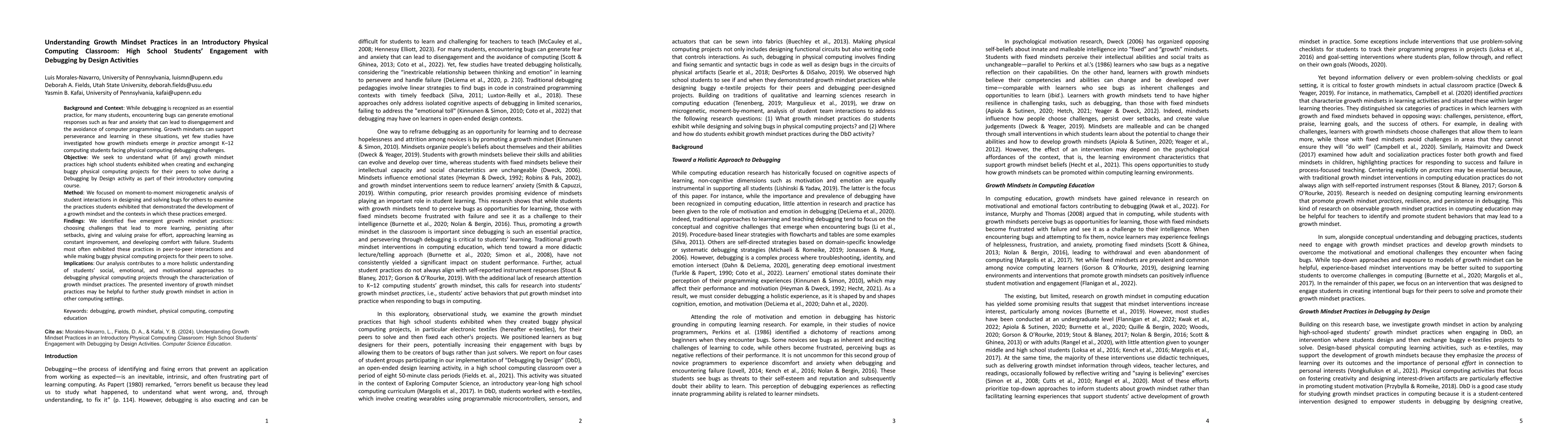 Thumbnail for Understanding Growth Mindset Practices in an Introductory Physical
  Computing Classroom: High School Students' Engagement with Debugging by
  Design Activities