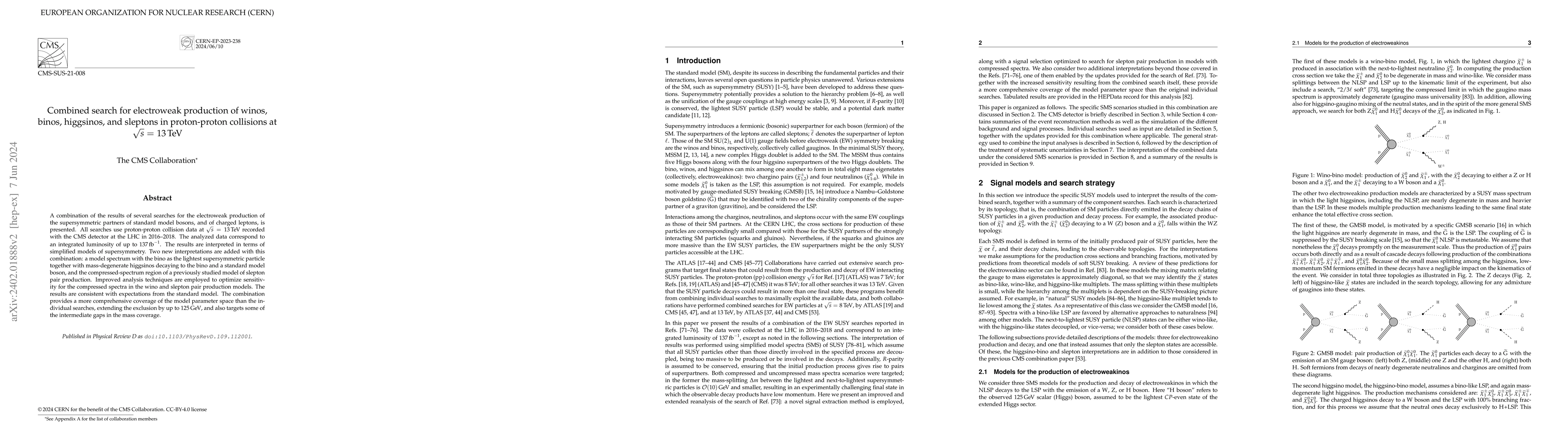 Thumbnail for Combined search for electroweak production of winos, binos, higgsinos,
  and sleptons in proton-proton collisions at $\sqrt{s}$ = 13 TeV