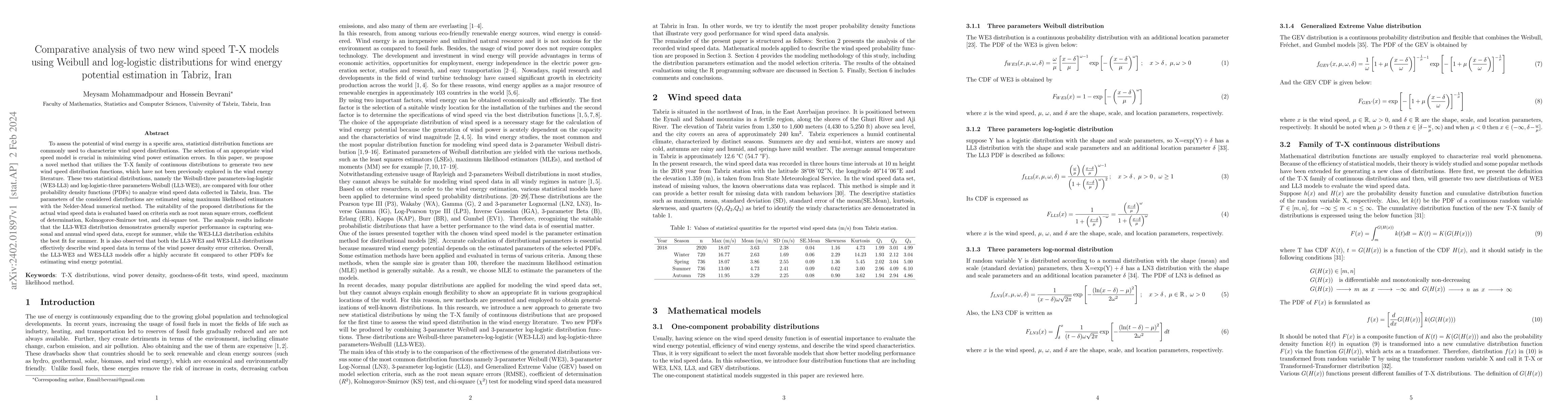 Thumbnail for Comparative analysis of two new wind speed T-X models using Weibull and
  log-logistic distributions for wind energy potential estimation in Tabriz,
  Iran