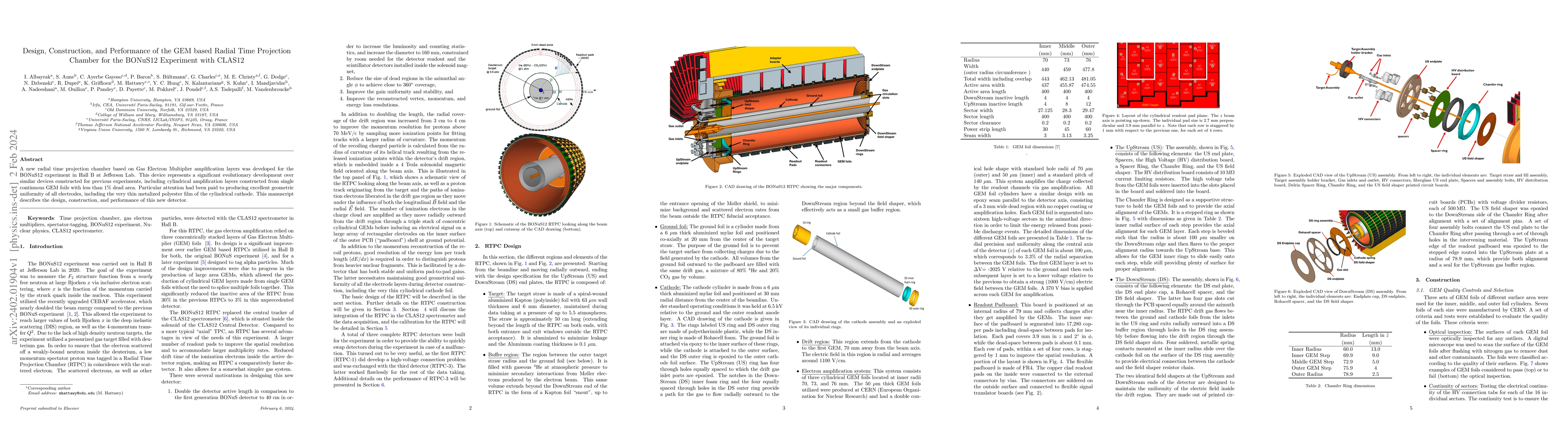 Thumbnail for Design, Construction, and Performance of the GEM based Radial Time
  Projection Chamber for the BONuS12 Experiment with CLAS12
