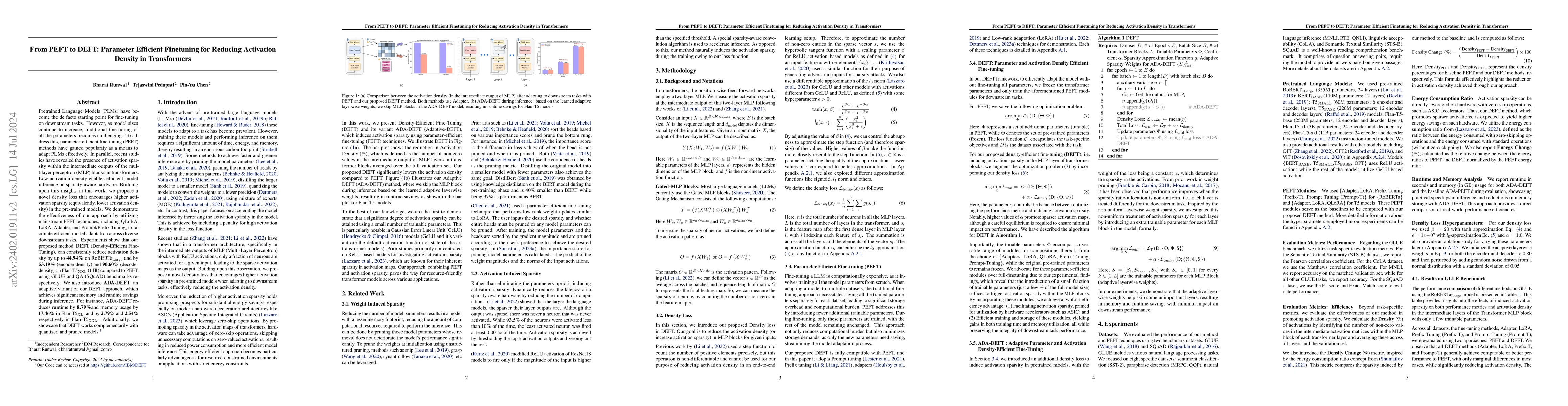 Thumbnail for From PEFT to DEFT: Parameter Efficient Finetuning for Reducing
  Activation Density in Transformers