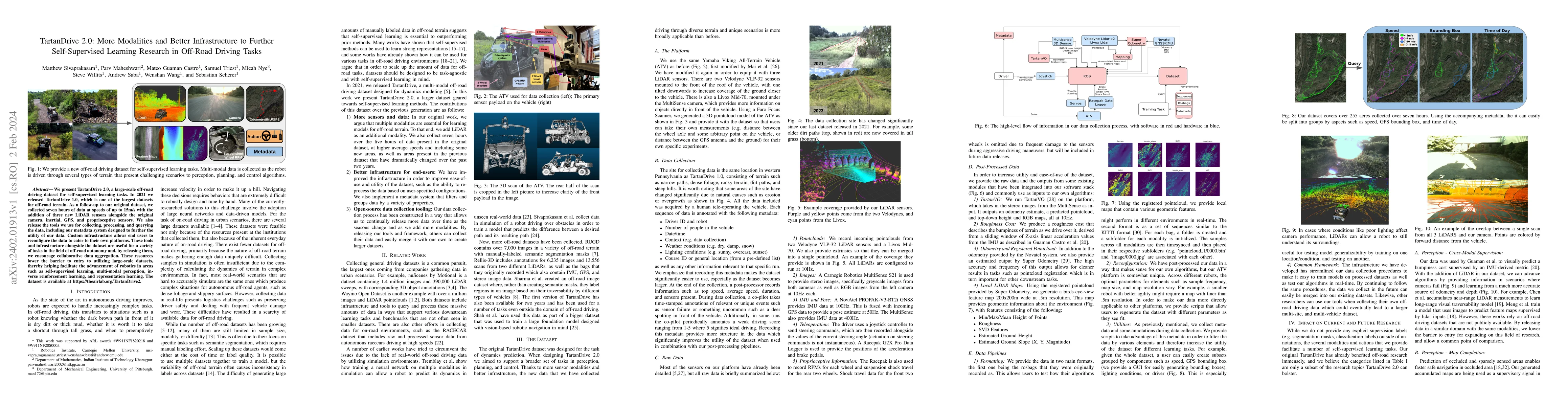 Thumbnail for TartanDrive 2.0: More Modalities and Better Infrastructure to Further
  Self-Supervised Learning Research in Off-Road Driving Tasks