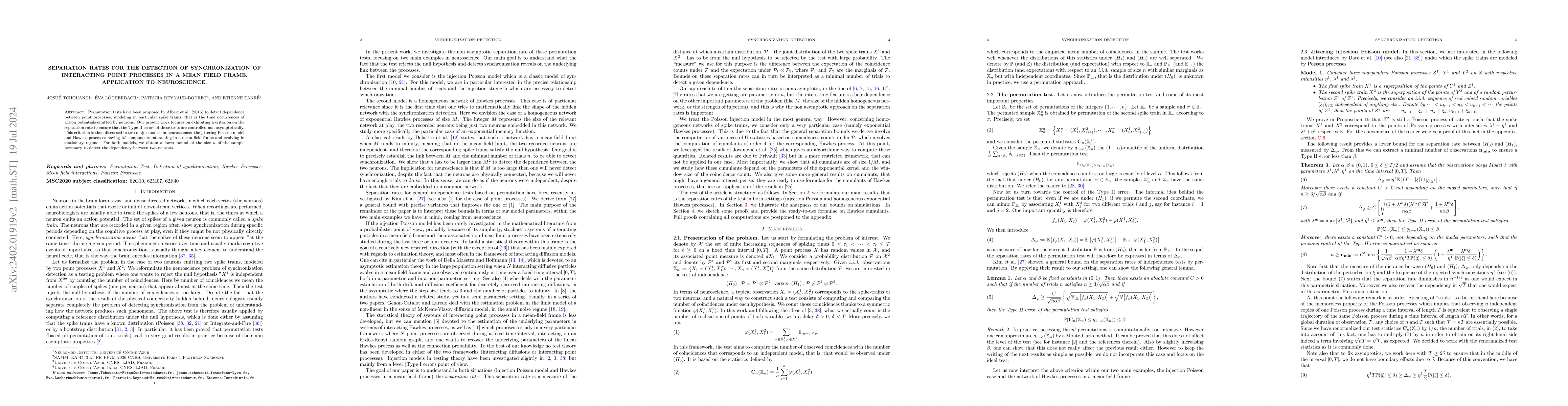 Thumbnail for Separation rates for the detection of synchronization of interacting
  point processes in a mean field frame. Application to neuroscience