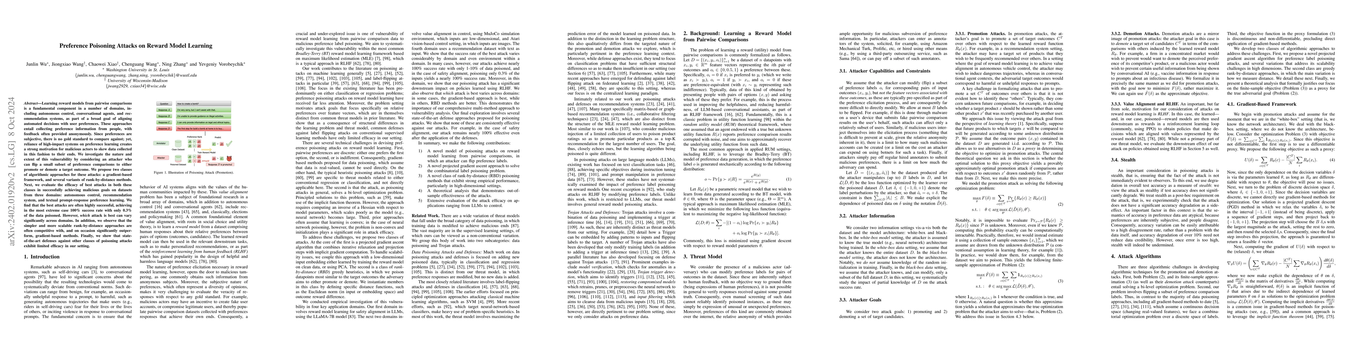 Thumbnail for Preference Poisoning Attacks on Reward Model Learning