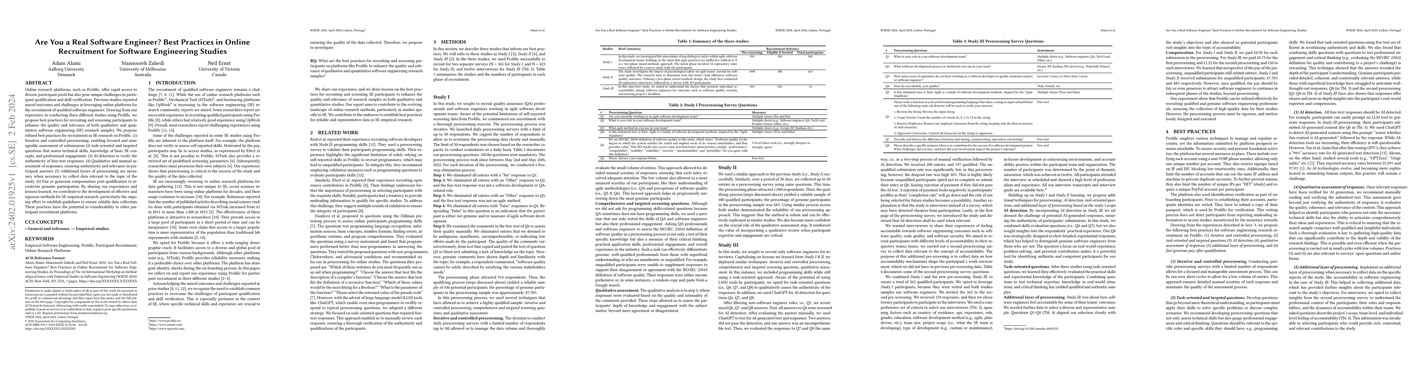 Thumbnail for Are You a Real Software Engineer? Best Practices in Online Recruitment
  for Software Engineering Studies