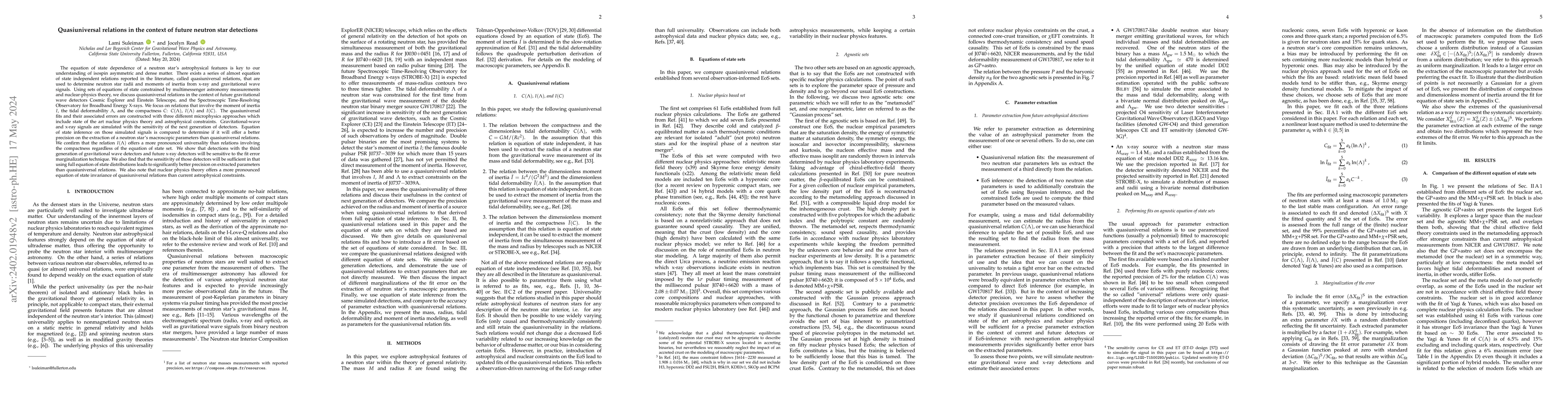 Thumbnail for Quasi-universal relations in the context of future neutron star
  detections