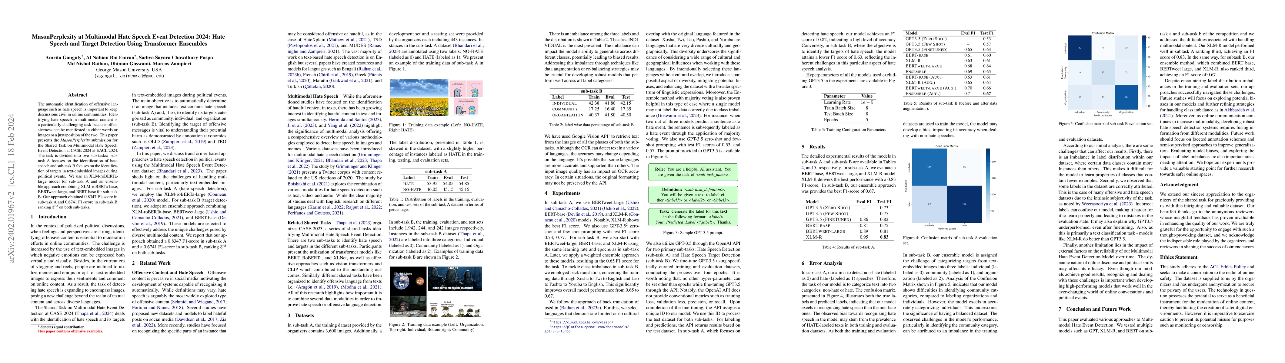 Thumbnail for MasonPerplexity at Multimodal Hate Speech Event Detection 2024: Hate
  Speech and Target Detection Using Transformer Ensembles