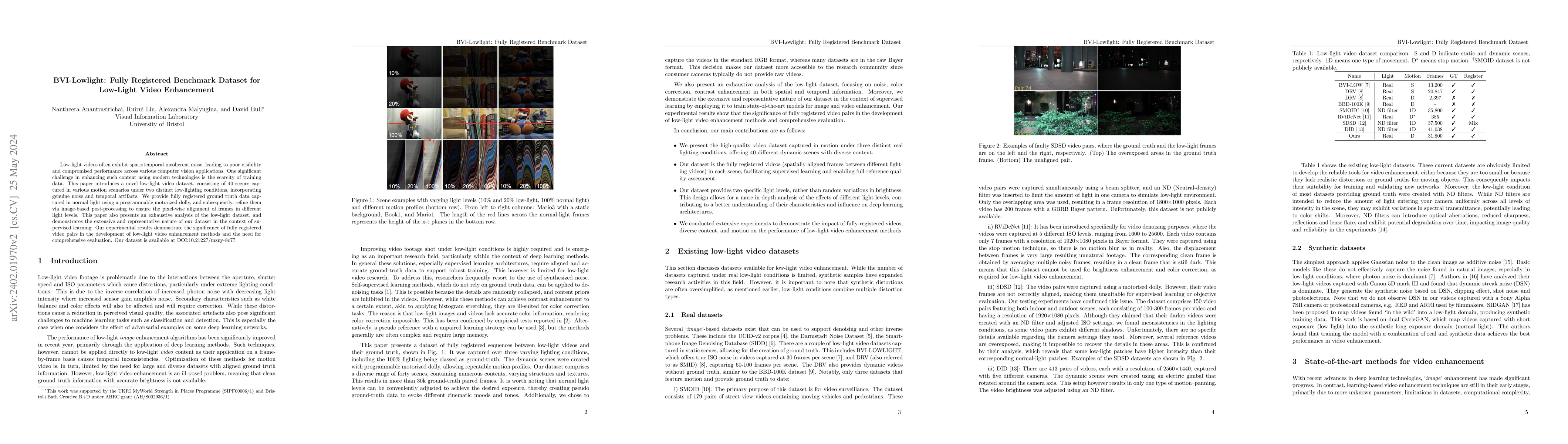 Thumbnail for BVI-Lowlight: Fully Registered Benchmark Dataset for Low-Light Video
  Enhancement