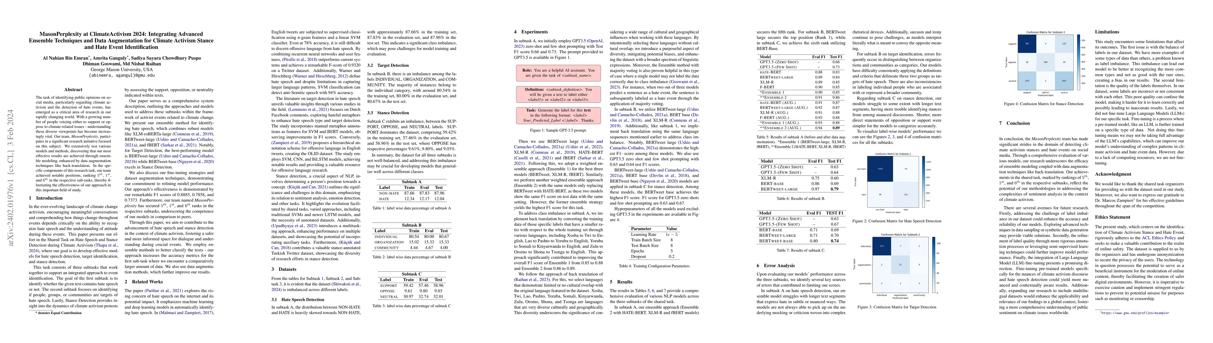 Thumbnail for MasonPerplexity at ClimateActivism 2024: Integrating Advanced Ensemble
  Techniques and Data Augmentation for Climate Activism Stance and Hate Event
  Identification