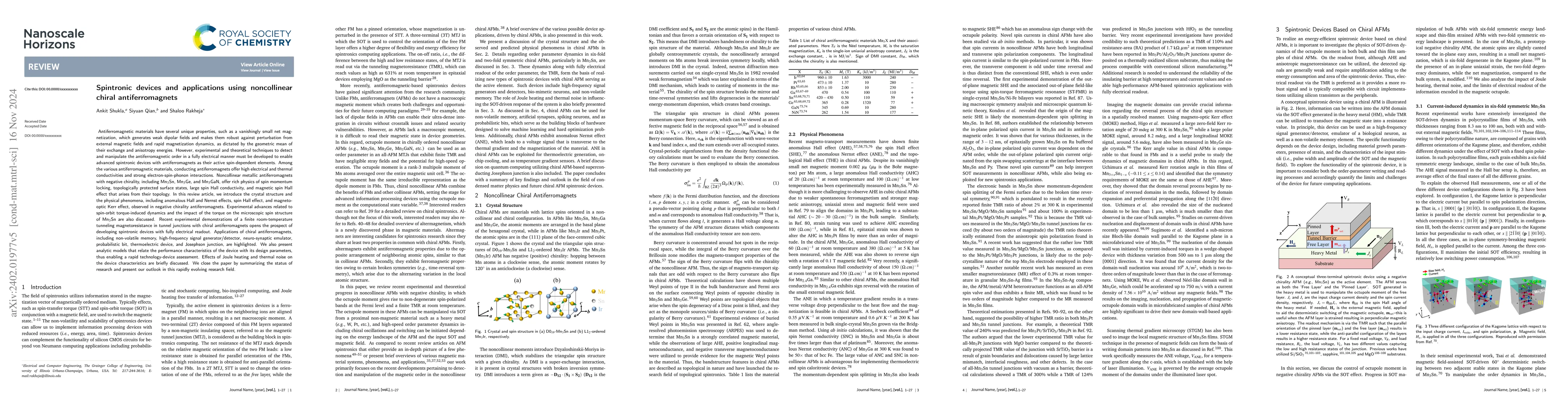 Thumbnail for Spintronic devices and applications using noncollinear chiral
  antiferromagnets