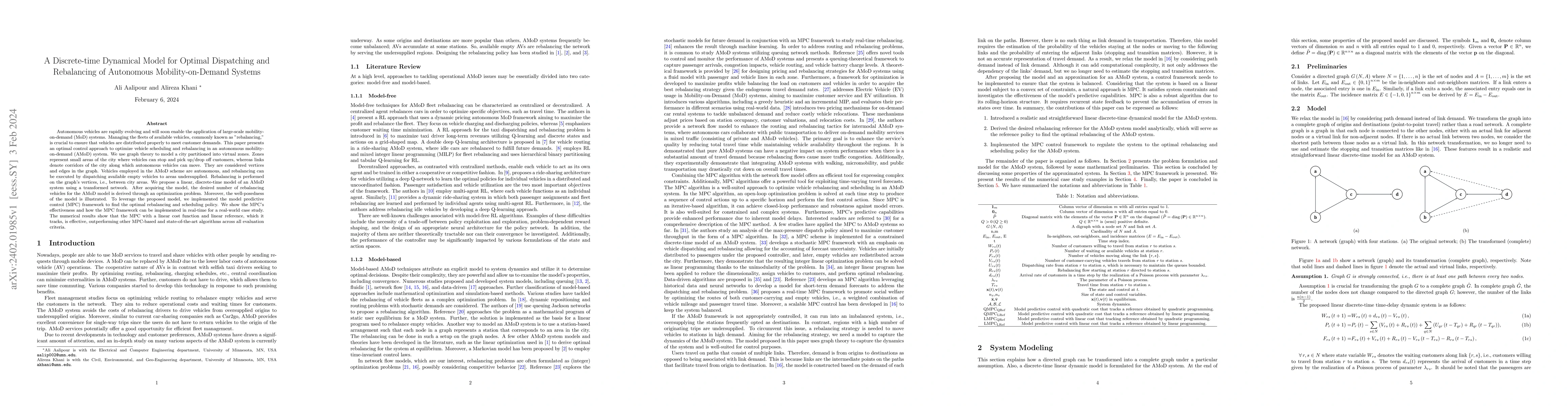 Thumbnail for A Discrete-time Dynamical Model for Optimal Dispatching and Rebalancing
  of Autonomous Mobility-on-Demand Systems