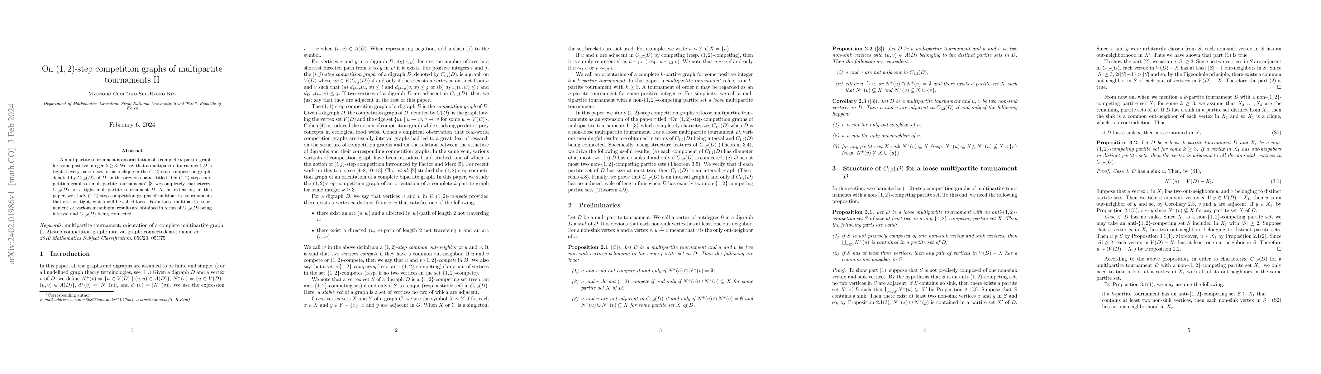 Thumbnail for On $(1,2)$-step competition graphs of multipartite tournaments II