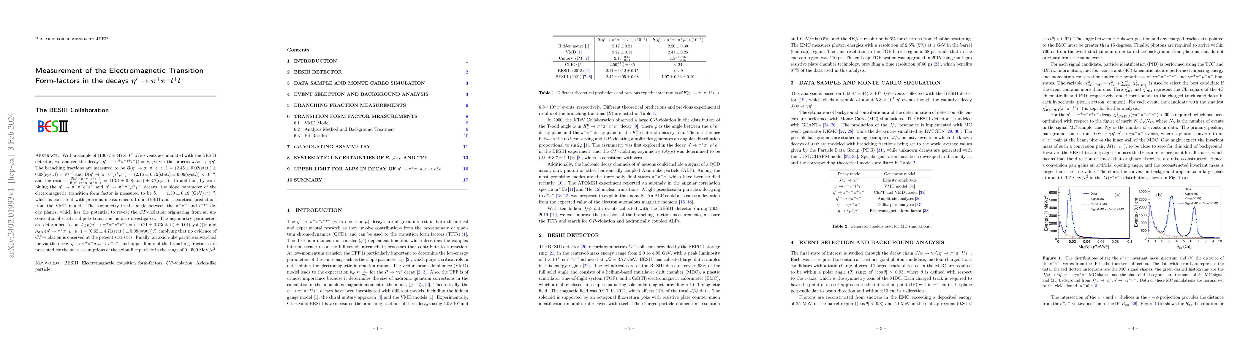 Thumbnail for Measurement of the Electromagnetic Transition Form-factors in the decays
  $\eta'\rightarrow\pi^+\pi^-l^+l^-$