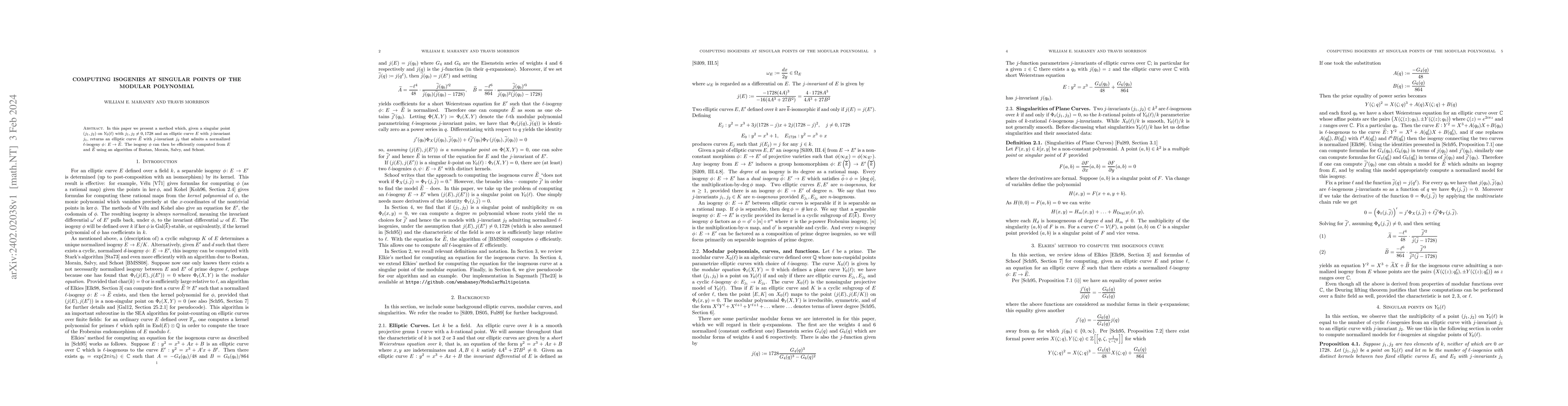 Thumbnail for Computing Isogenies at Singular Points of the Modular Polynomial