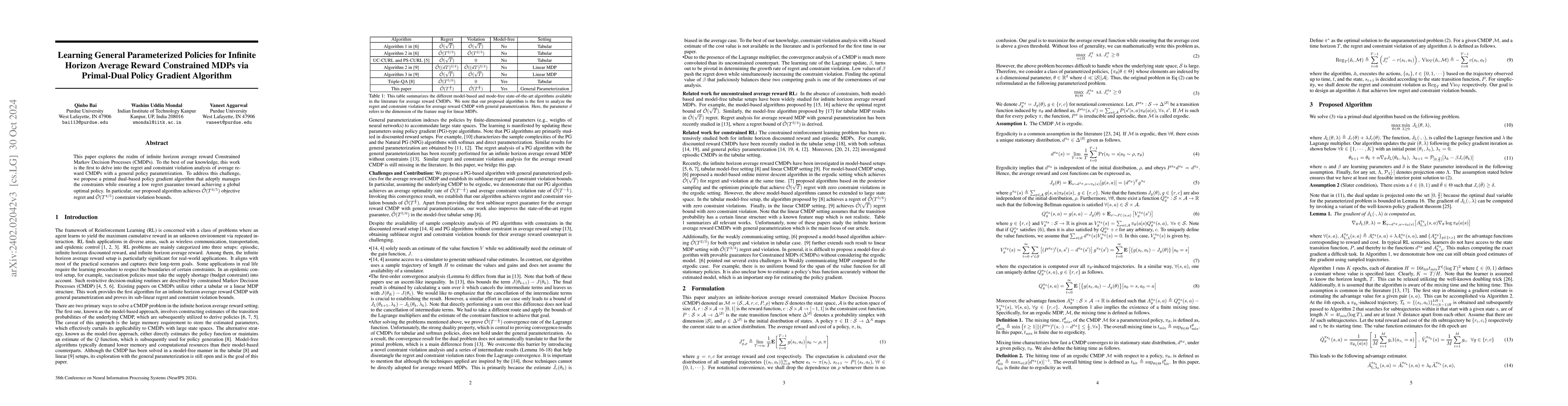 Thumbnail for Learning General Parameterized Policies for Infinite Horizon Average
  Reward Constrained MDPs via Primal-Dual Policy Gradient Algorithm
