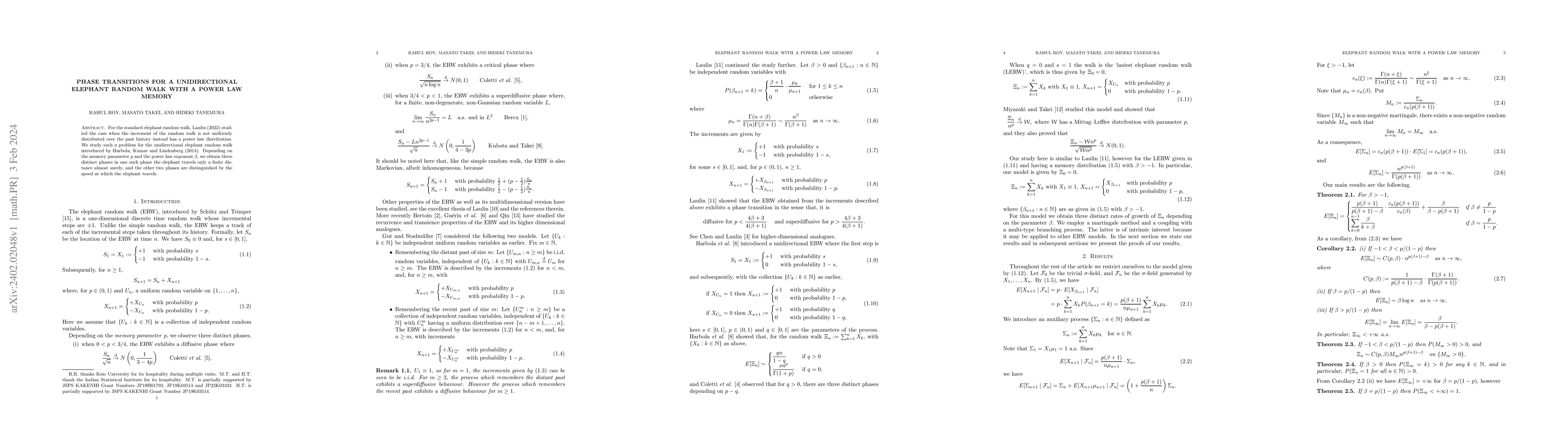 Thumbnail for Phase transitions for a unidirectional elephant random walk with a power
  law memory