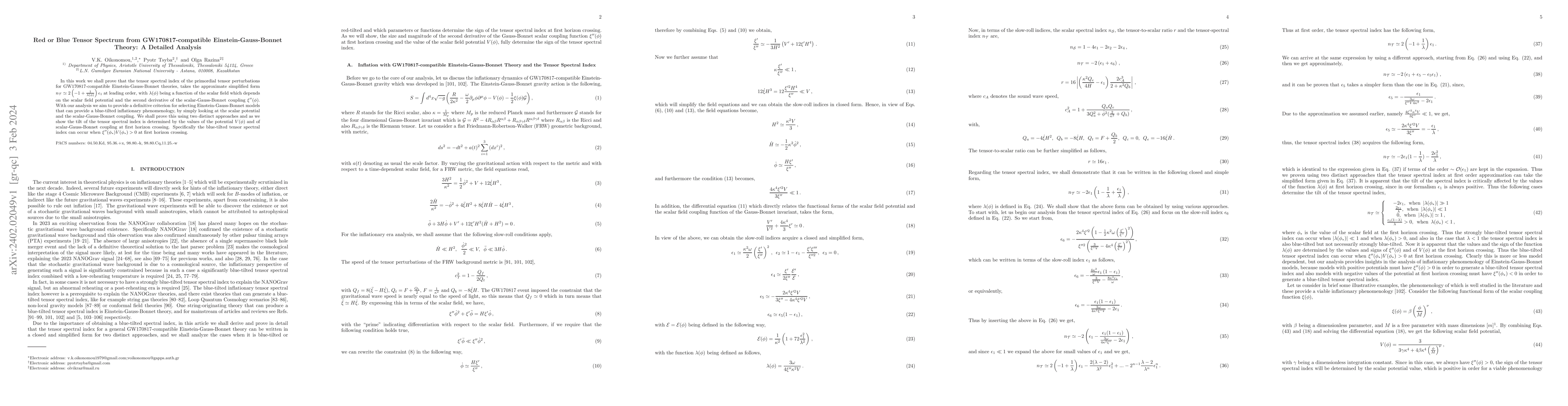 Thumbnail for Red or Blue Tensor Spectrum from GW170817-compatible
  Einstein-Gauss-Bonnet Theory: A Detailed Analysis