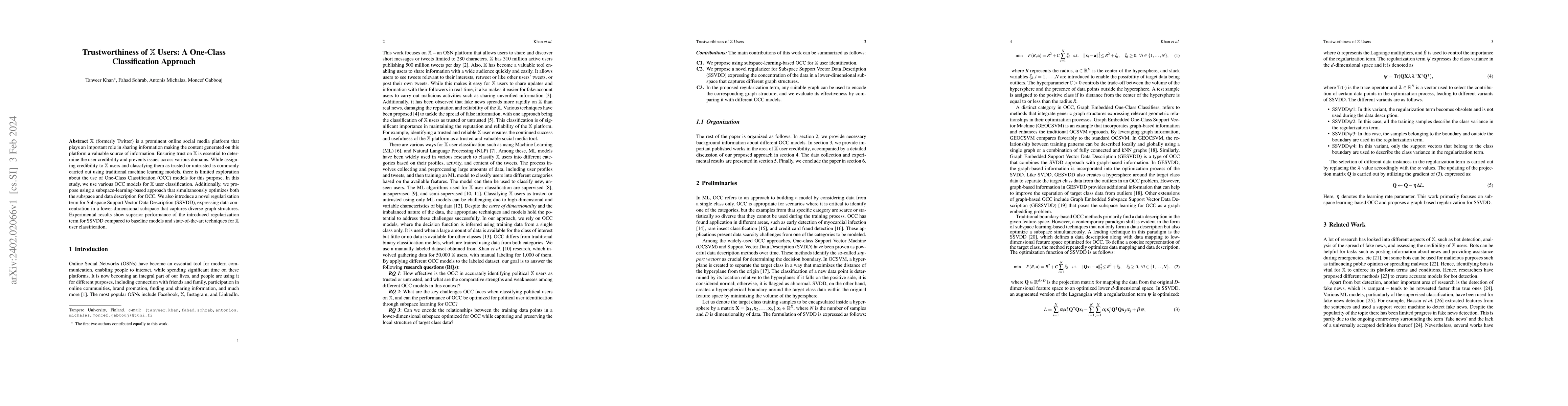 Thumbnail for Trustworthiness of $\mathbb{X}$ Users: A One-Class Classification
  Approach