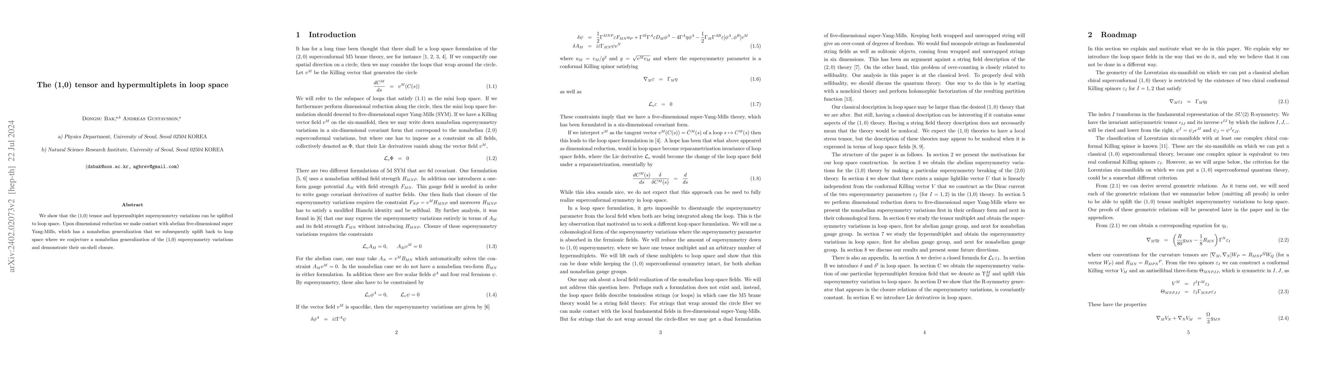 Thumbnail for The (1,0) tensor and hypermultiplets in loop space