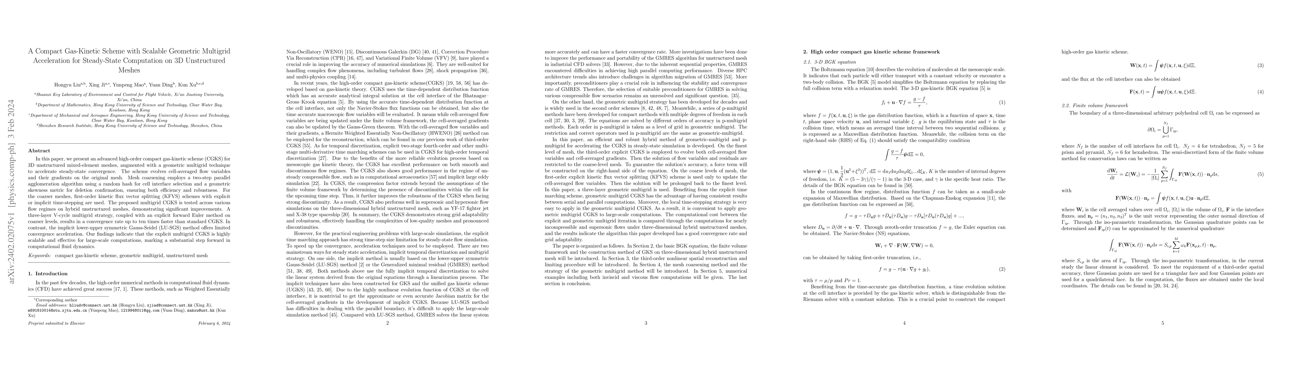 Thumbnail for A Compact Gas-Kinetic Scheme with Scalable Geometric Multigrid
  Acceleration for Steady-State Computation on 3D Unstructured Meshes