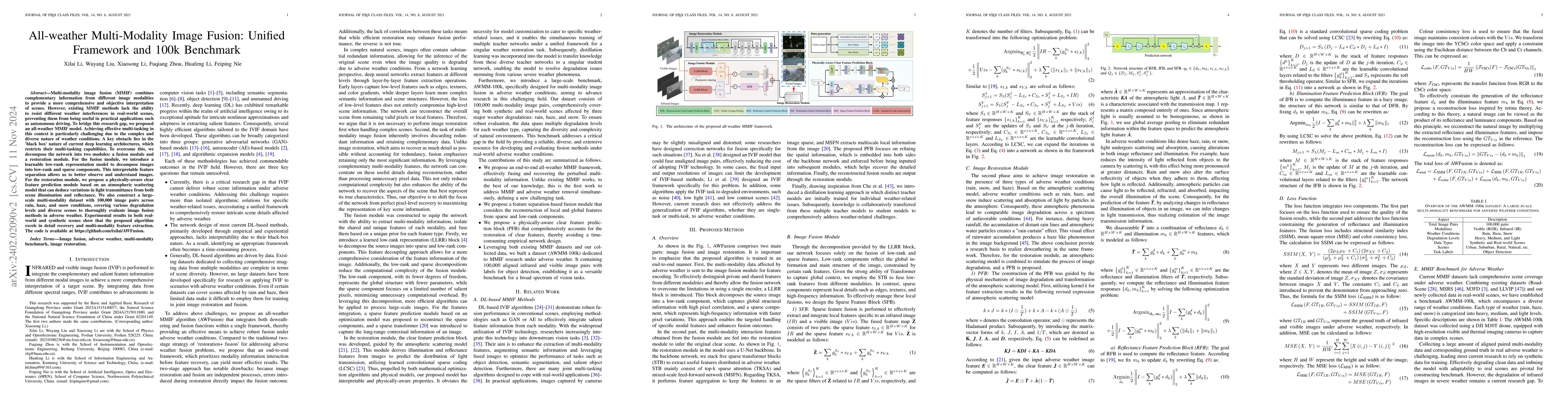 Thumbnail for Physical Perception Network and an All-weather Multi-modality Benchmark
  for Adverse Weather Image Fusion