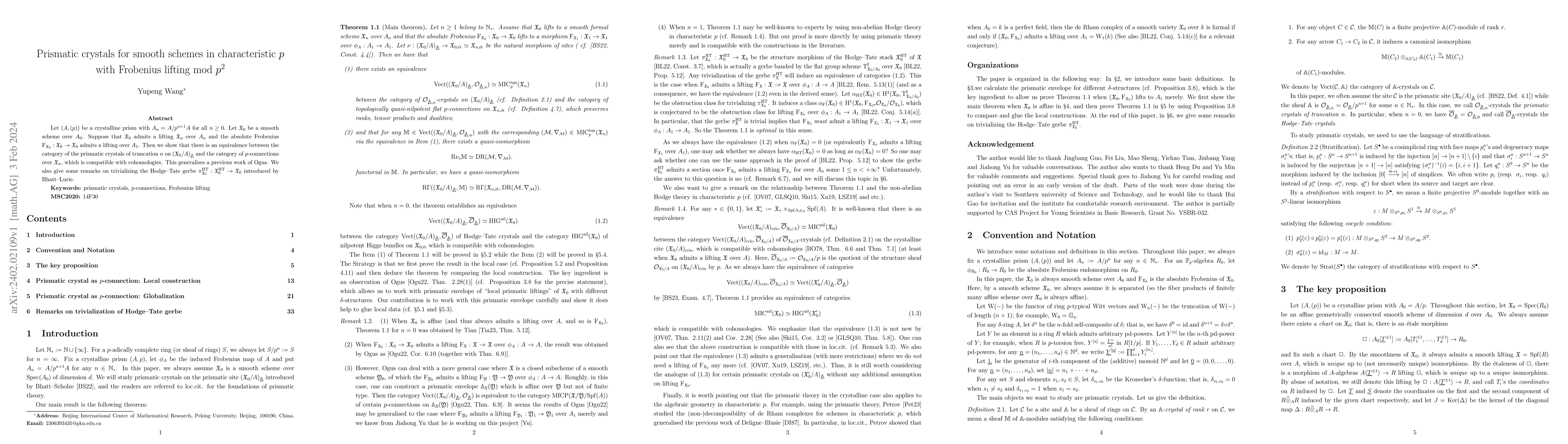 Thumbnail for Prismatic crystals for smooth schemes in characteristic $p$ with
  Frobenius lifting mod $p^2$