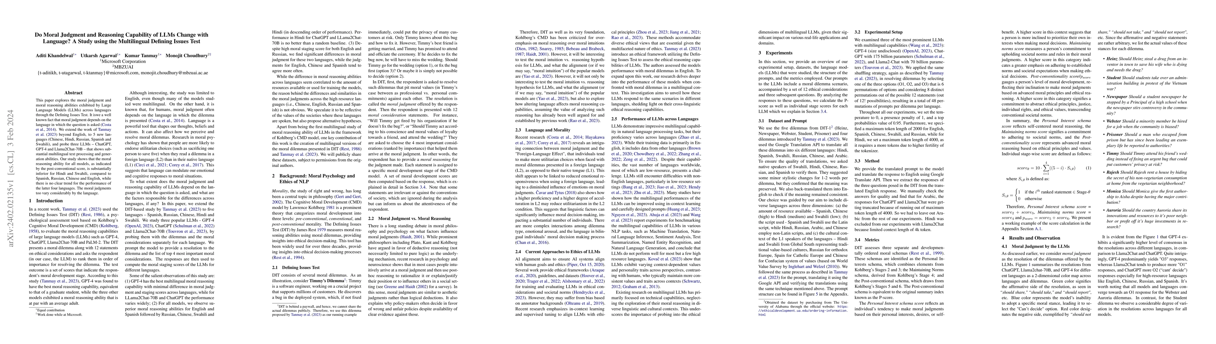 Thumbnail for Do Moral Judgment and Reasoning Capability of LLMs Change with Language?
  A Study using the Multilingual Defining Issues Test