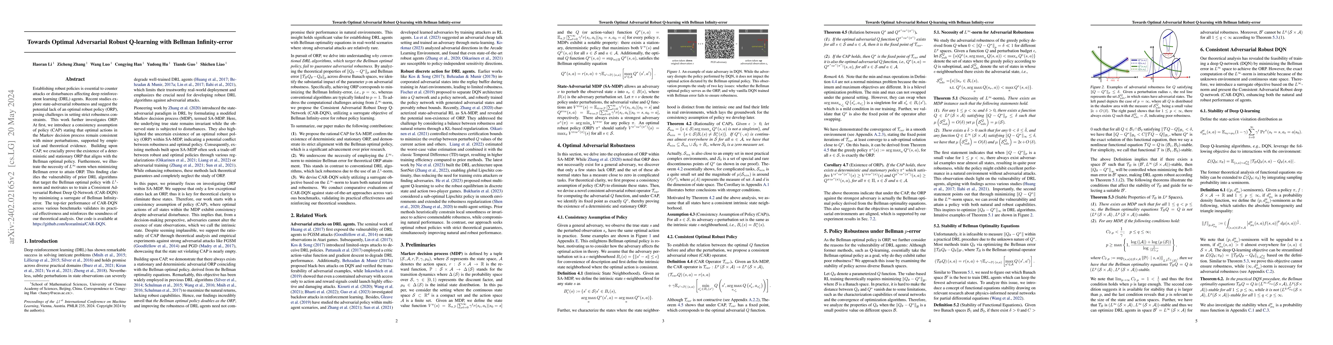 Thumbnail for Towards Optimal Adversarial Robust Q-learning with Bellman
  Infinity-error