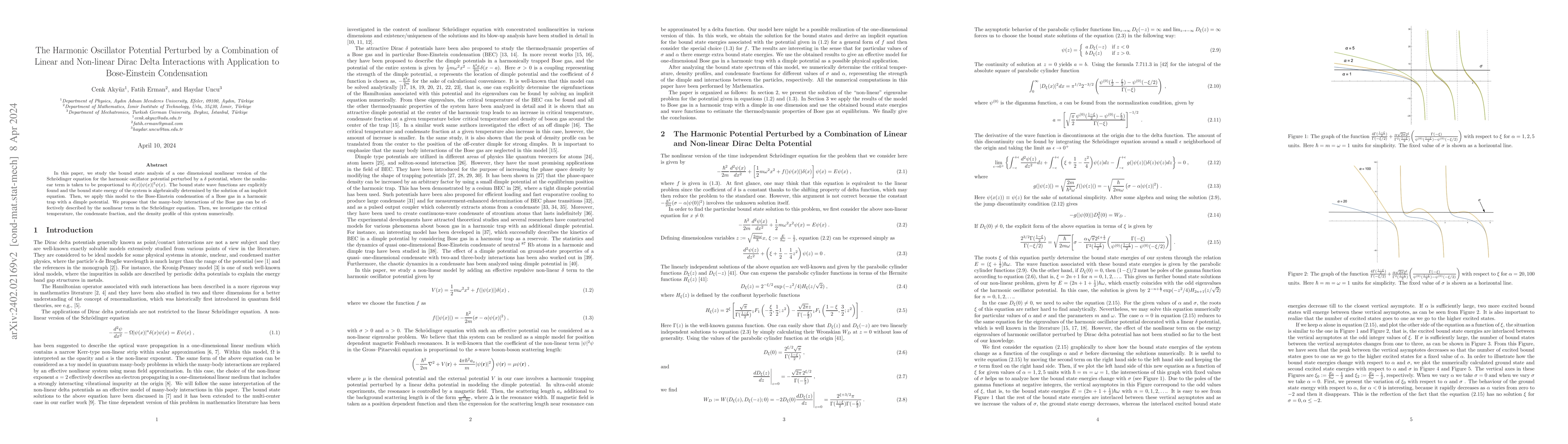 Thumbnail for The Harmonic Oscillator Potential Perturbed by a Combination of Linear
  and Non-linear Dirac Delta Interactions with Application to Bose-Einstein
  Condensation