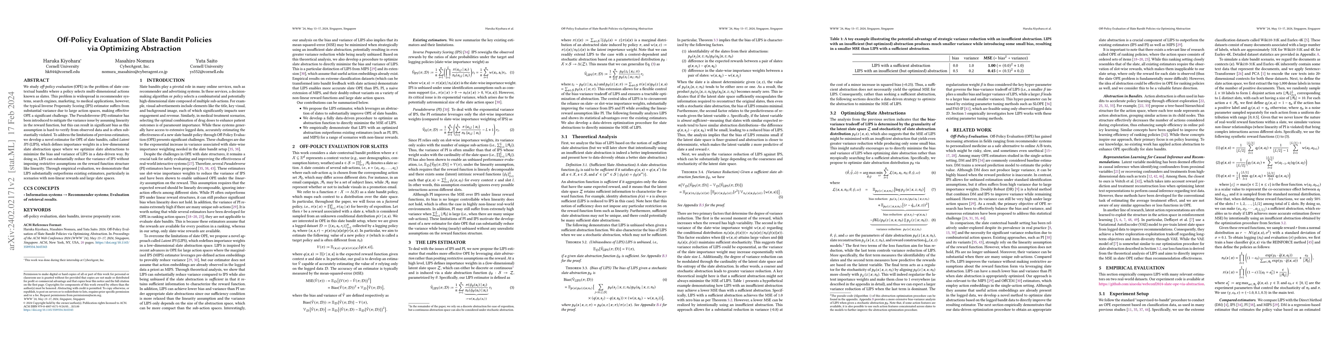 Thumbnail for Off-Policy Evaluation of Slate Bandit Policies via Optimizing
  Abstraction