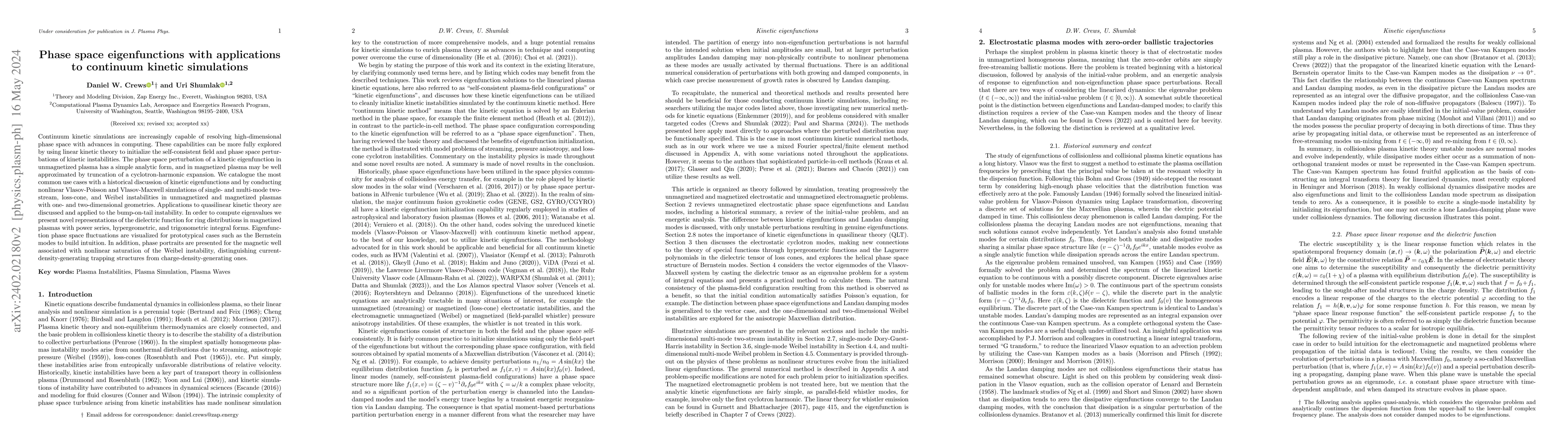 Thumbnail for Phase space eigenfunctions with applications to continuum kinetic
  simulations