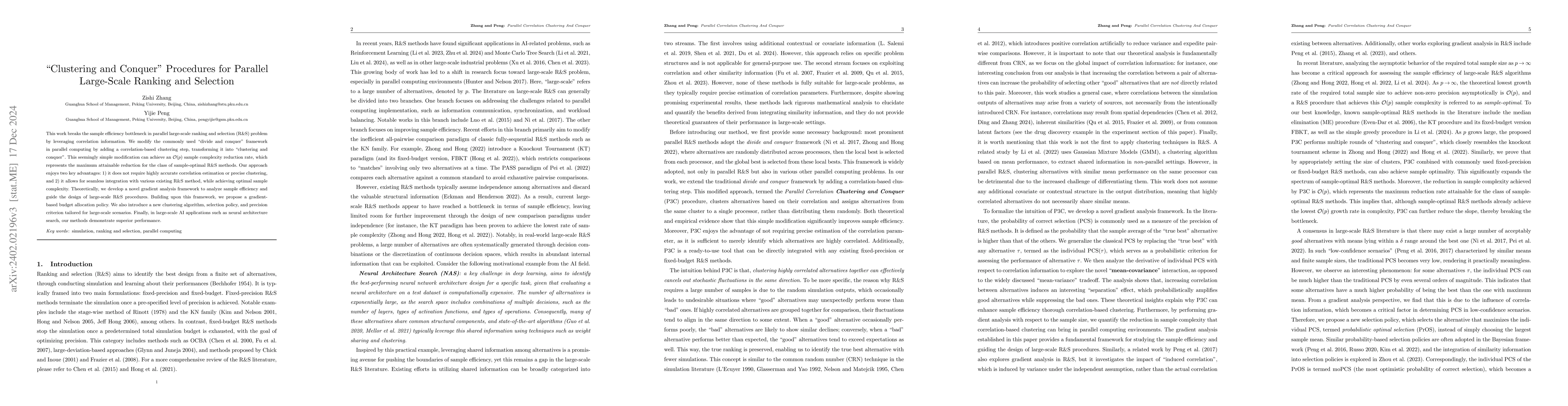 Thumbnail for Sample-Efficient Clustering and Conquer Procedures for Parallel
  Large-Scale Ranking and Selection