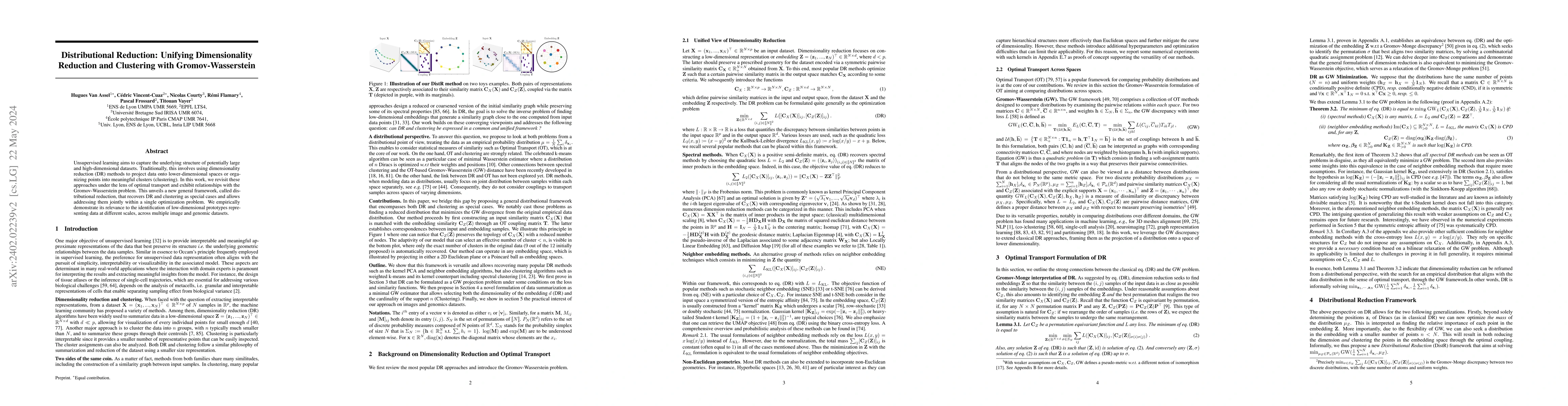 Thumbnail for Distributional Reduction: Unifying Dimensionality Reduction and
  Clustering with Gromov-Wasserstein