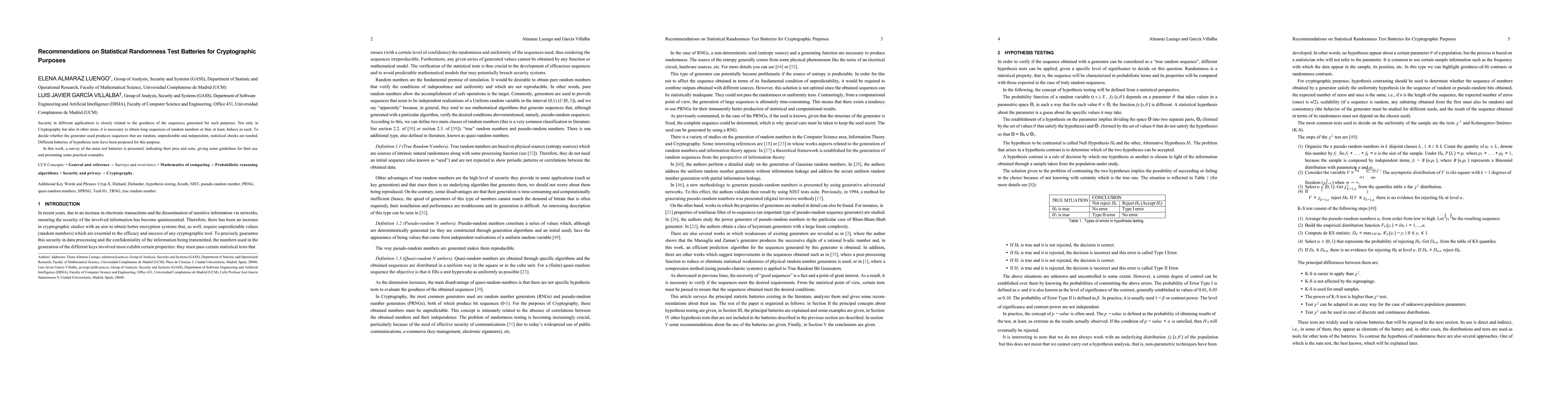 Thumbnail for Recommendations on Statistical Randomness Test Batteries for
  Cryptographic Purposes