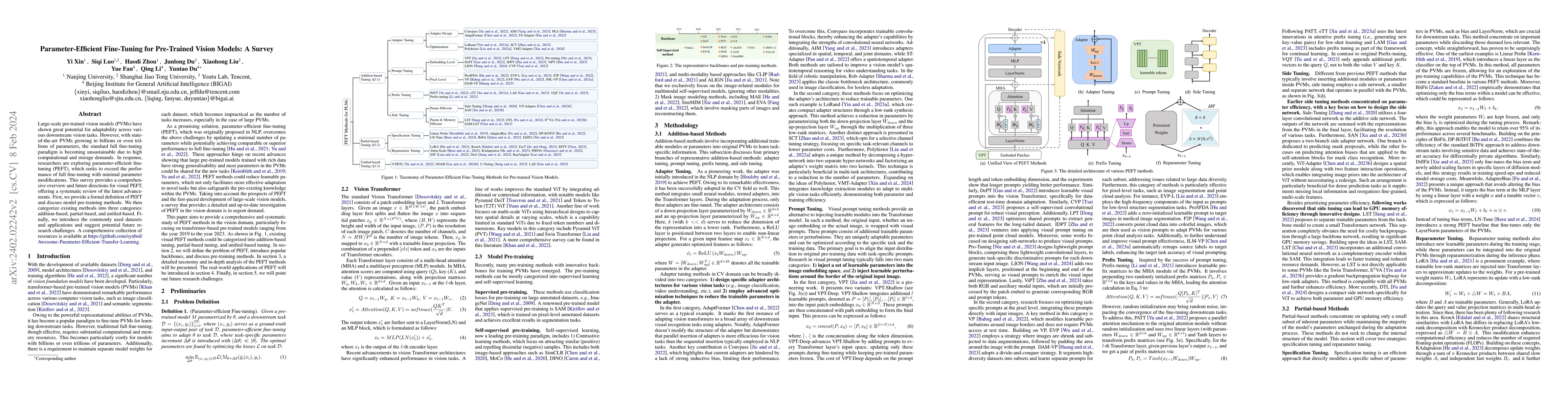 Thumbnail for Parameter-Efficient Fine-Tuning for Pre-Trained Vision Models: A Survey