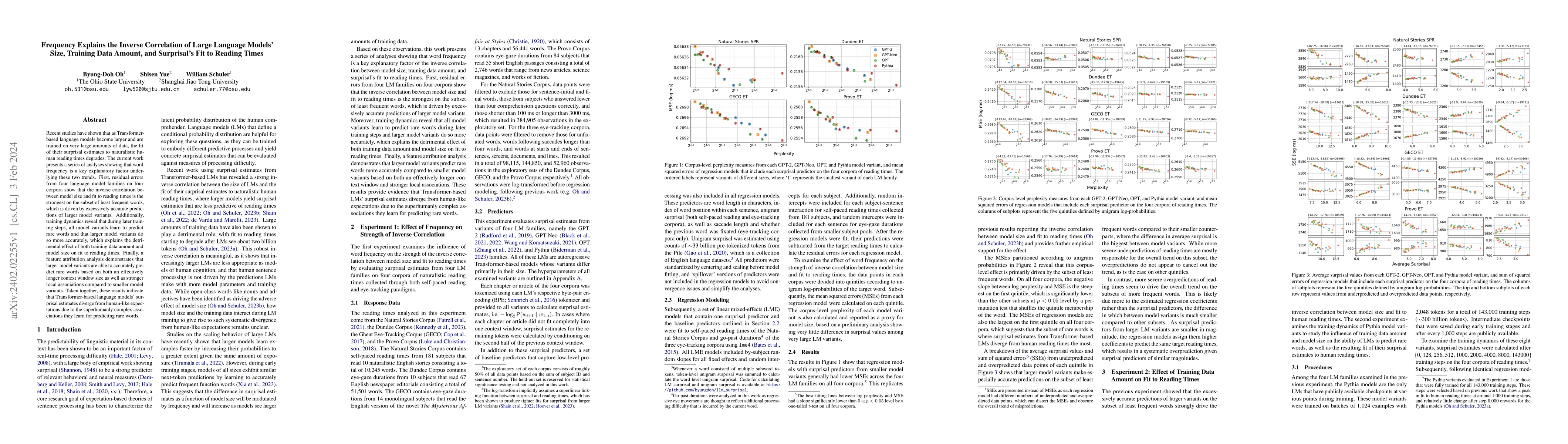 Thumbnail for Frequency Explains the Inverse Correlation of Large Language Models'
  Size, Training Data Amount, and Surprisal's Fit to Reading Times