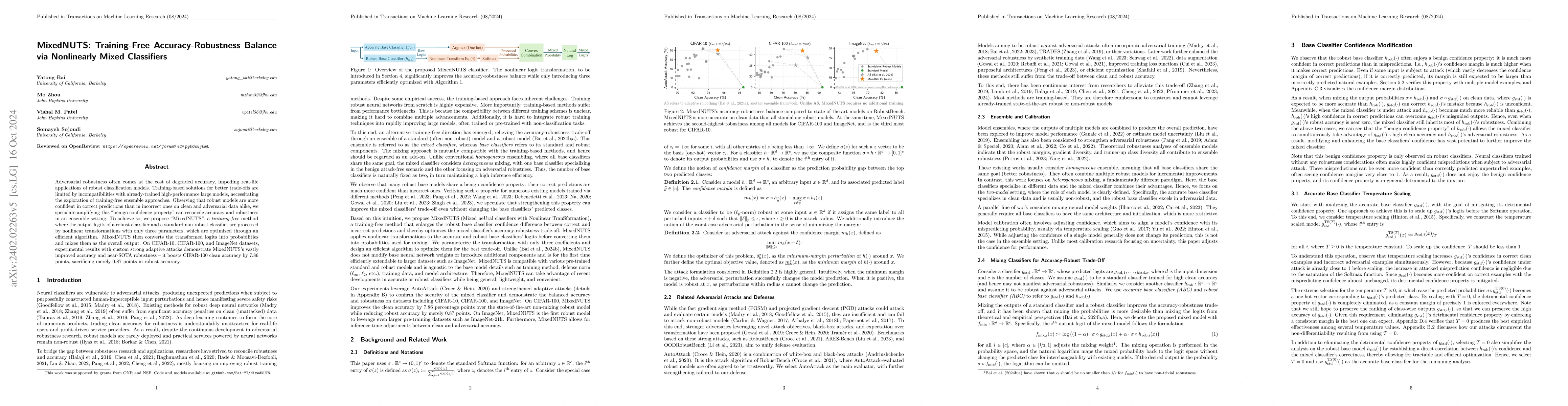 Thumbnail for MixedNUTS: Training-Free Accuracy-Robustness Balance via Nonlinearly
  Mixed Classifiers