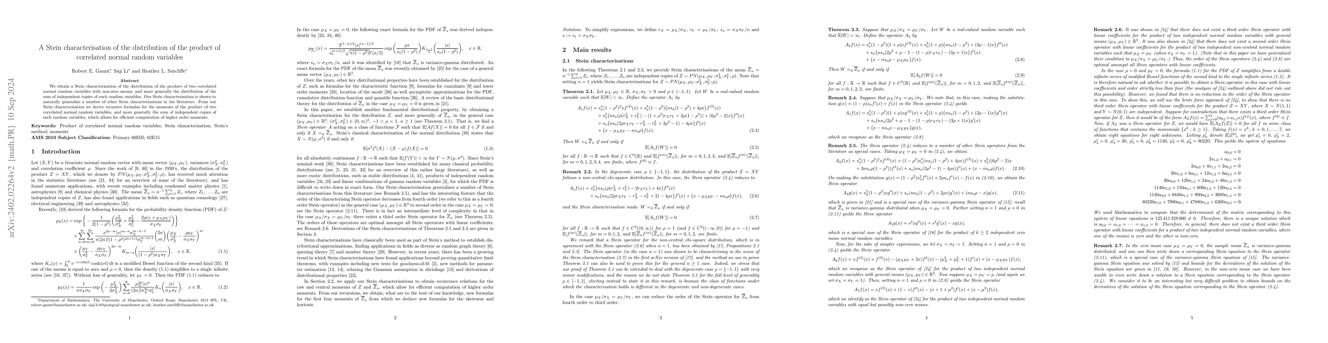 Thumbnail for A Stein characterisation of the distribution of the product of
  correlated normal random variables