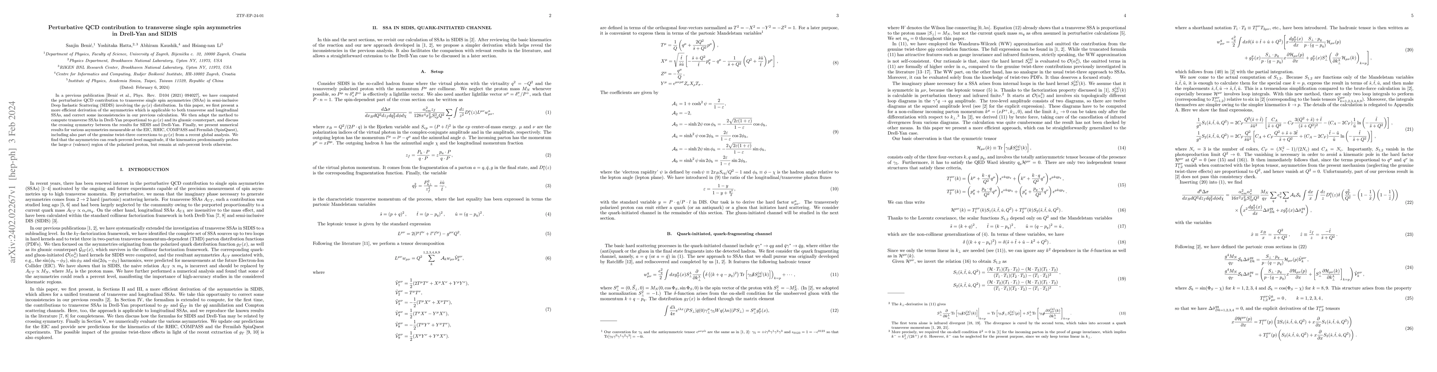 Thumbnail for Perturbative QCD contribution to transverse single spin asymmetries in
  Drell-Yan and SIDIS