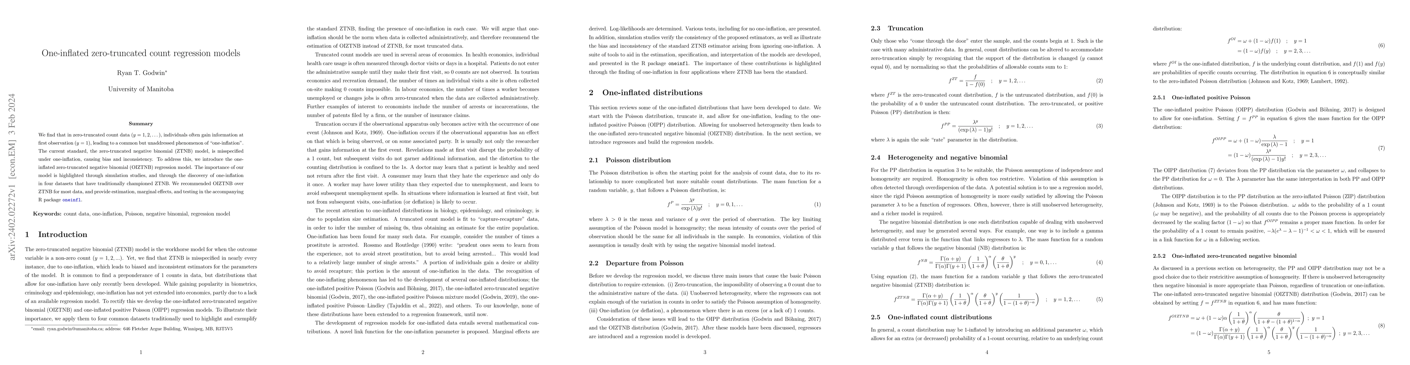 Thumbnail for One-inflated zero-truncated count regression models